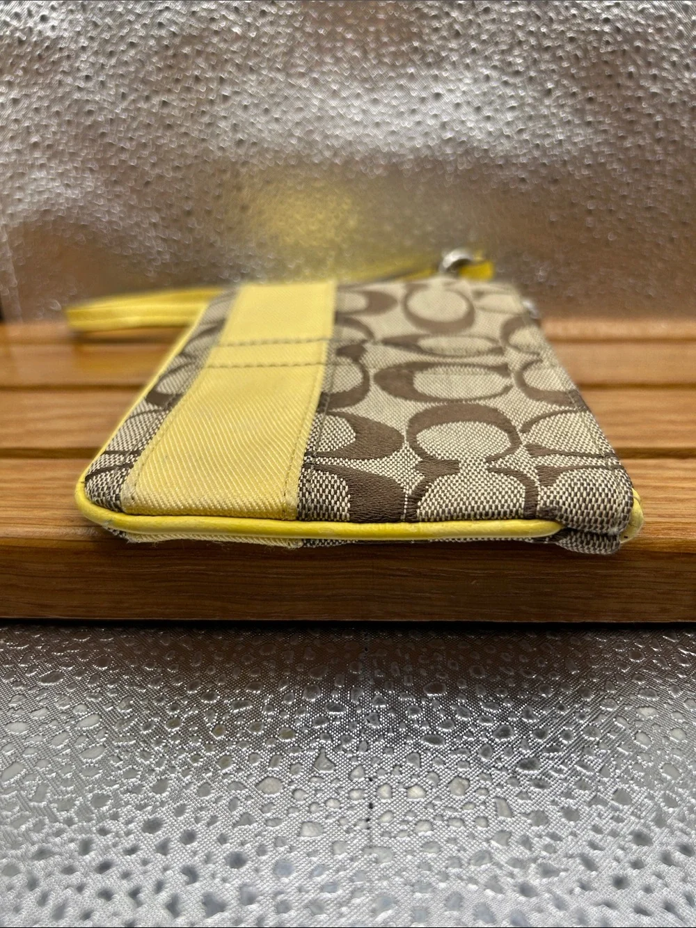 COACH 40028 Legacy Stripe Yellow Brown Monogram Zip Leather Wristlet Tag 6” X 4”